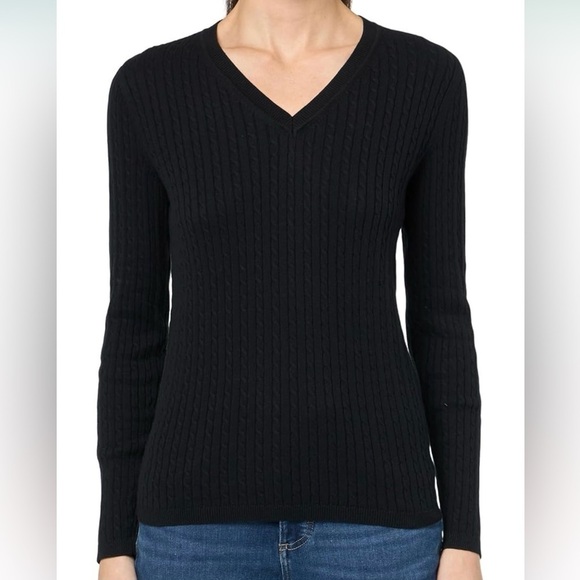 NWT! Jeanne Pierre Black V-Neck Cable Knit Sweater - Picture 1 of 6